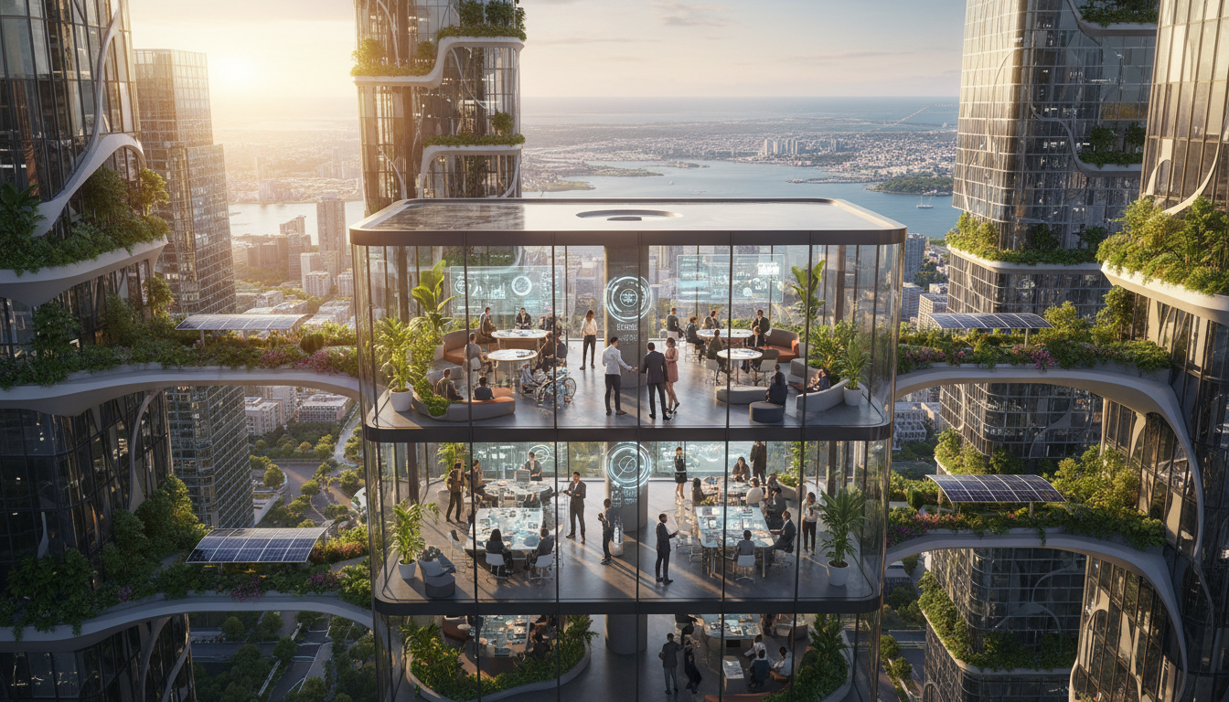 A photorealistic, high-angle wide shot of a futuristic yet green urban business district at golden hour, featuring a diverse group of professionals collaborating in a glass-walled coworking space with a skyline view of a coastal city, symbolizing innovation and global connectivity.