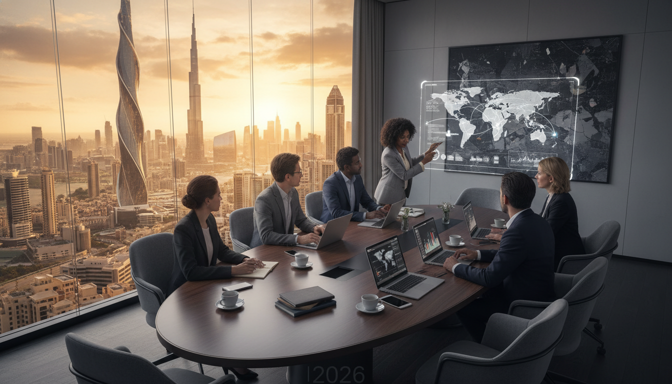 A photorealistic, high-angle shot of a diverse group of entrepreneurs having a strategic meeting in a sleek, modern glass-walled office with a view of the futuristic Dubai skyline and Burj Khalifa at sunset, symbolizing global business ambition in 2026.