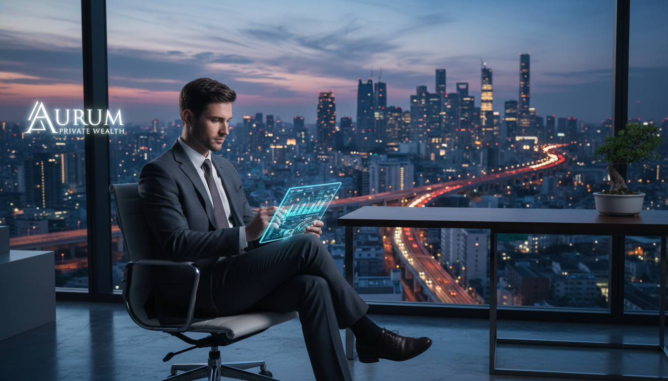 A photorealistic, high-quality image of a sophisticated expatriate businessman in a modern glass office overlooking a global city skyline at dusk, reviewing digital financial portfolios on a transparent tablet, representing the future of international private banking.