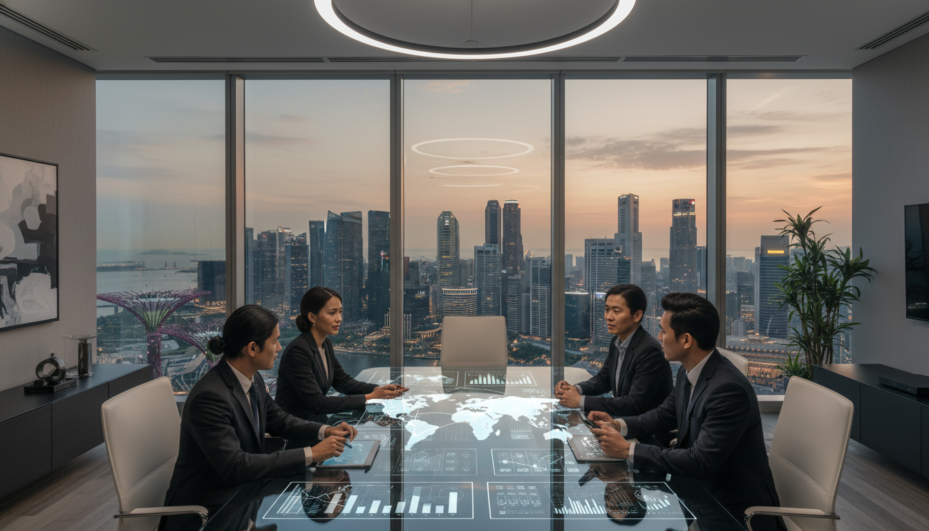 A photorealistic wide-angle shot of a modern executive office in a high-rise building with a panoramic view of the Singapore skyline at dusk, featuring a diverse group of business professionals discussing strategy around a glass table, emphasizing global connectivity and financial sophistication, 8k resolution