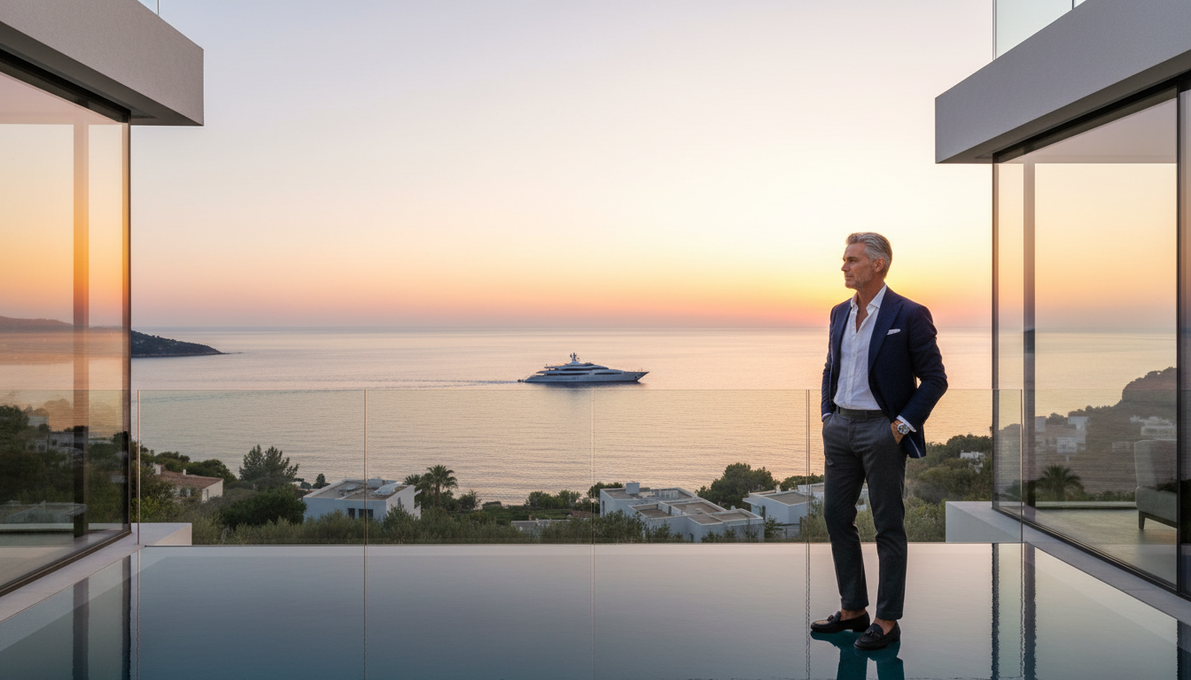A photorealistic, cinematic wide shot of a sophisticated high net worth individual standing on the terrace of a modern luxury glass villa overlooking the Mediterranean ocean at sunset. The individual is dressed in smart casual business attire, looking out at a private yacht in the distance, symbolizing wealth and freedom. High dynamic range, 8k resolution.