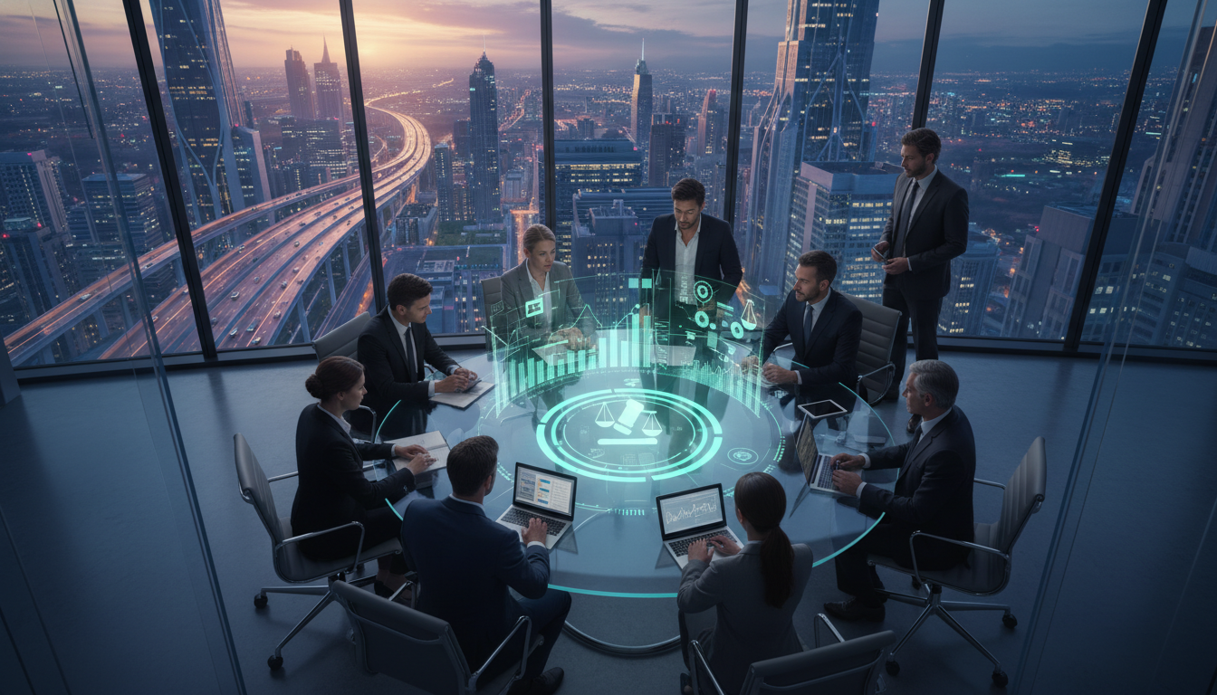 A photorealistic, high-angle shot of a modern, glass-walled conference room in a skyscraper overlooking a futuristic city skyline at dusk. Inside, a diverse group of professional expatriates and lawyers are gathered around a holographic table displaying glowing digital financial charts and legal compliance icons. The atmosphere is serious and professional, emphasizing the intersection of law and high technology.