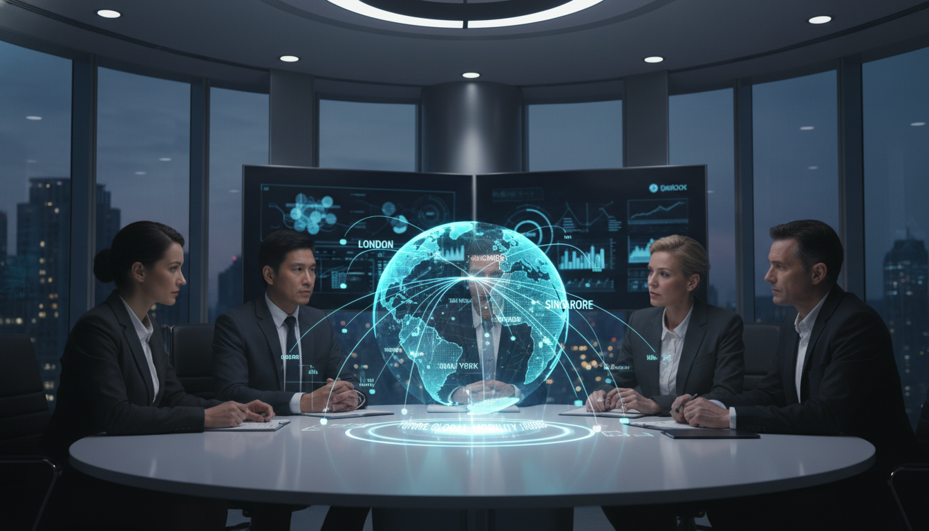 A photorealistic image of a diverse group of corporate executives in a high-tech boardroom reviewing a holographic globe interface that displays data points and flight paths connecting major financial hubs like London, New York, and Singapore, symbolizing future global mobility trends, cinematic lighting, 8k resolution.