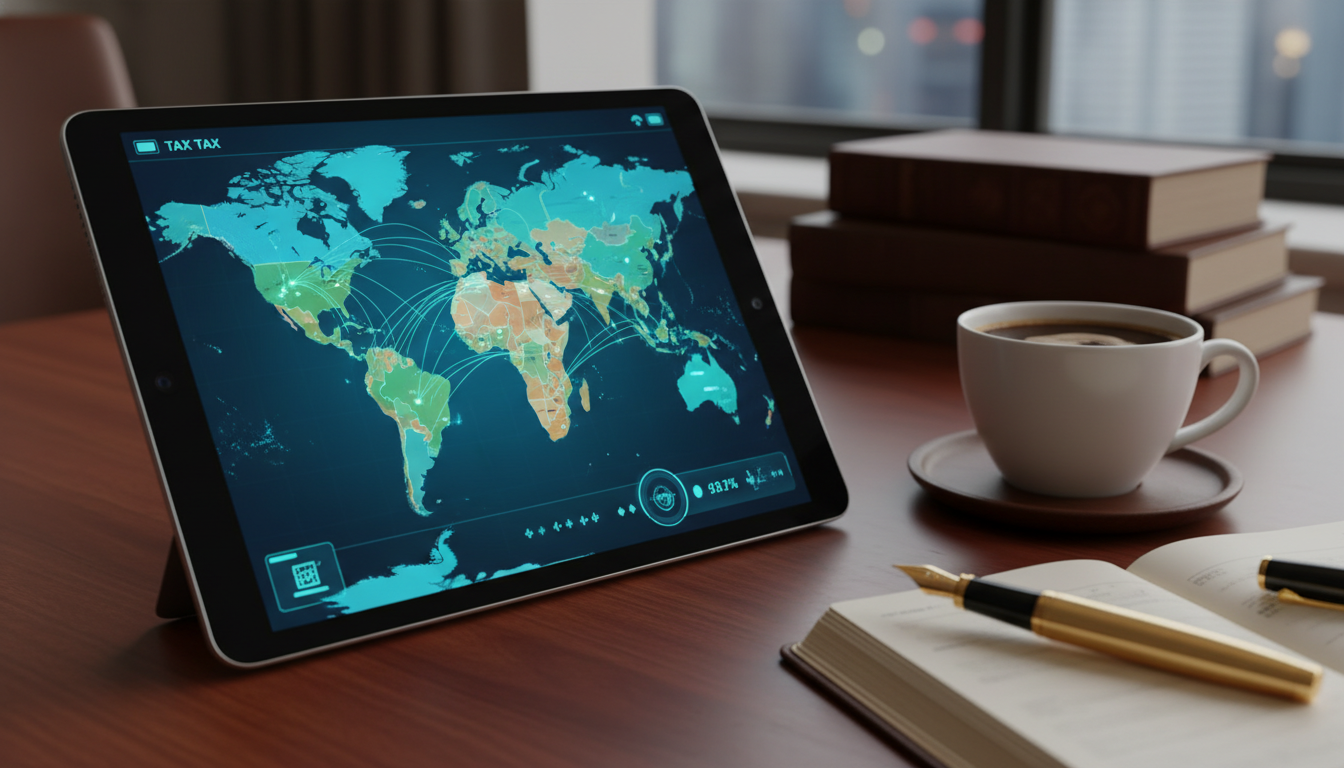 A sophisticated, photorealistic close-up of a digital tablet displaying a complex global tax map with glowing connections between continents, sitting on a mahogany desk alongside a gold fountain pen and a cup of coffee, shallow depth of field, 8k resolution