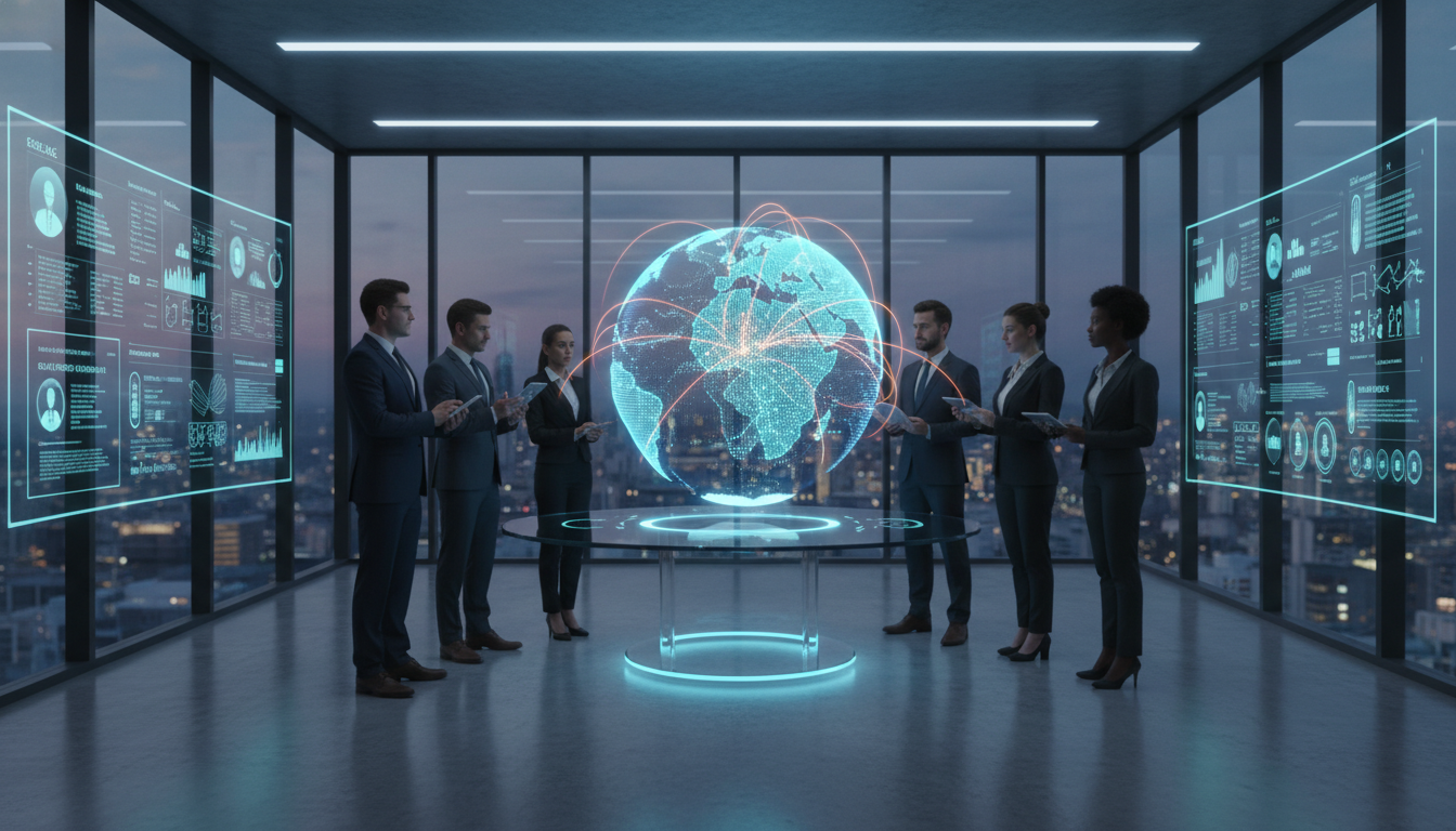 A photorealistic, high-tech corporate office setting where a diverse group of HR executives are gathered around a futuristic holographic table. The hologram displays a 3D rotating globe with glowing connection lines representing international relocation routes. The lighting is modern and professional, with a focus on digital interfaces and data visualization, symbolizing the future of global mobility management in 2026.