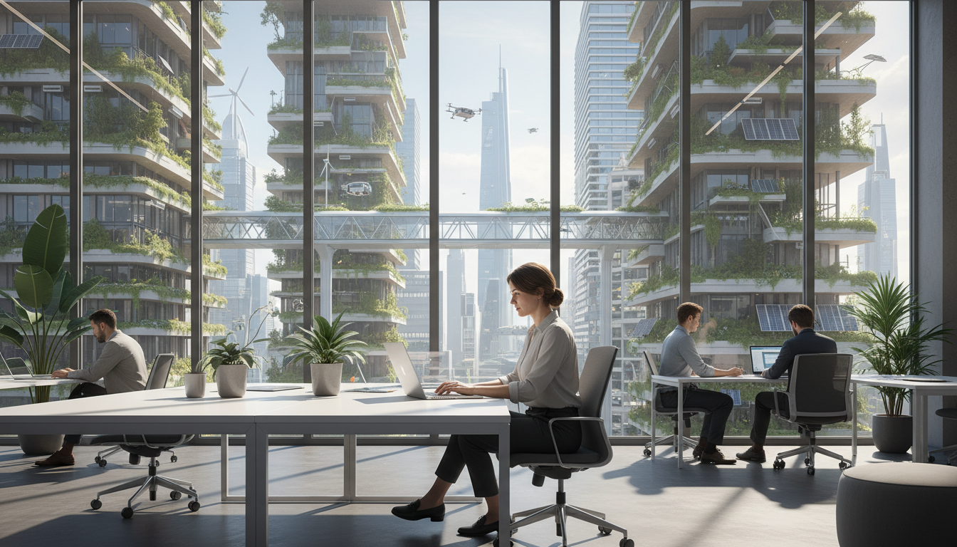 A professional digital nomad working on a sleek laptop in a high-tech, sunlit coworking space with floor-to-ceiling windows overlooking a futuristic 2026 city skyline with vertical gardens and sustainable architecture. The lighting is natural and bright, conveying productivity and modern global business.